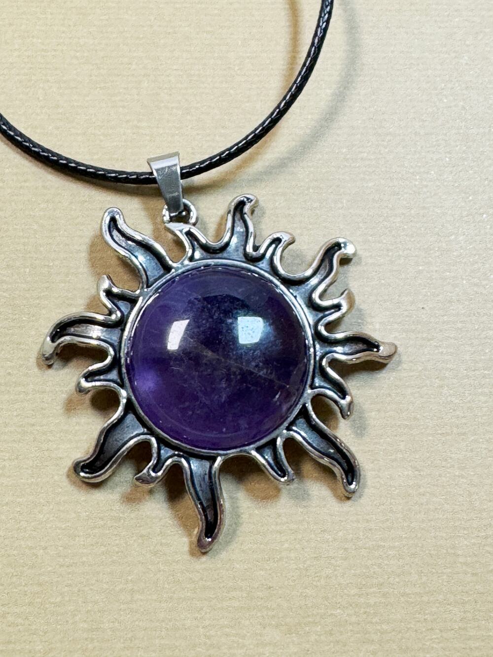 Purple Sun Pendant Necklace Celestial Amethyst Color 2" Pendant 16-18" Cord N302